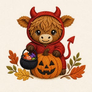 May include: An embroidered illustration of a brown Highland cow wearing a red devil costume with horns and a tail. The cow holds a small black basket filled with colorful candies next to an orange jack-o'-lantern surrounded by autumn leaves.