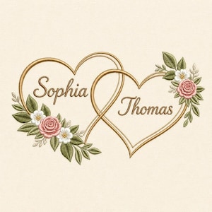 Puede incluir: Un diseño de bordado que presenta dos corazones entrelazados con contornos dorados. El corazón izquierdo contiene el nombre Sophia y el derecho el nombre Thomas. Ambos corazones están decorados con rosas rosas y flores blancas bordadas.
