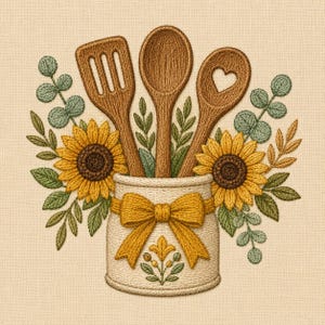 Può includere: Un ricamo raffigurante un barattolo in ceramica color crema con un fiocco giallo e un motivo floreale, contenente una spatola di legno e due cucchiai di legno. La composizione è circondata da due grandi girasoli gialli e foglie di eucalipto.