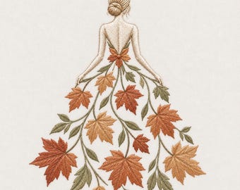 May include: An embroidery design featuring a figure seen from the back with a hair bun, wearing a dress composed of stitched maple leaves in shades of orange, red, yellow, and green, with stems forming the skirt structure on a light background.