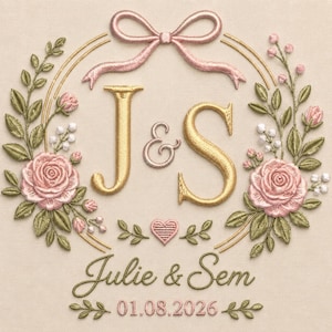 May include: An embroidery design on beige fabric featuring the gold letters J and S with a pink ampersand, framed by a pink bow and floral wreath of pink roses and green leaves. Below, the text Julie & Sem and the date 01.08.2026 are stitched.