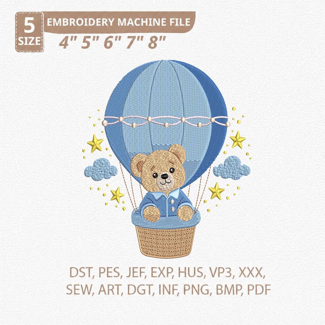 Teddy Bear Hot Air Balloon Embroidery Design, Baby Boy Embroidery, Cute ...
