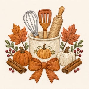 May include: An embroidered illustration featuring a cream-colored utensil crock holding a silver wire whisk, a brown slotted spatula, and a wooden rolling pin. The arrangement is surrounded by orange and white pumpkins, maple leaves, cinnamon sticks, red berries, and a large orange bow.