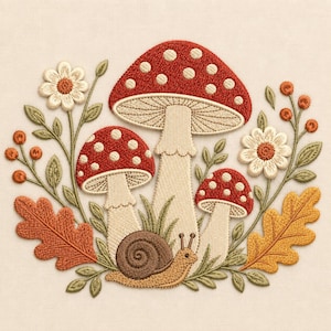 May include: An embroidery design featuring three red mushrooms with white spots, a brown snail, two white flowers, orange berries, and two oak leaves in shades of orange and yellow, all stitched onto a plain light beige fabric background.
