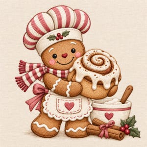 Puede incluir: Un personaje de pan de jengibre con gorro de chef y bufanda a rayas rojas y blancas, sosteniendo un gran rollo de canela glaseado. Lleva un delantal blanco con un bolsillo de corazón rosa. Junto a él hay un cuenco con cuchara y canela.
