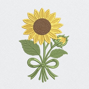 May include: Embroidered sunflower design featuring a large yellow flower with a brown center, green leaves, and a bud. The stem is tied with a green bow. The design is on a white background.