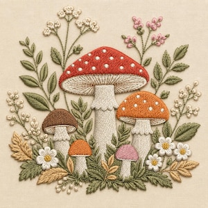 Può includere: Un ricamo su tessuto beige raffigurante un grande fungo rosso con macchie bianche, un fungo arancione più piccolo e due minuscoli funghi marroni e rosa. La scena è circondata da foglie verdi, fiori bianchi e rametti di colore rosa.