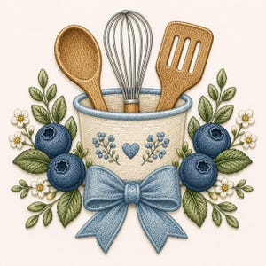 Op de afbeelding: Een geborduurd ontwerp met een crèmekleurige mengkom met daarin een houten lepel, een metalen garde en een houten spatel met sleuven. De kom is versierd met een blauw hartje en takjes, geaccentueerd door een blauwe strik, bosbessen en witte bloemen.