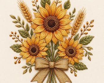May include: An embroidery design featuring three yellow sunflowers with dark brown centers, surrounded by green leaves, golden wheat stalks, and small brown berries. The stems are gathered together and tied with a textured tan fabric bow.
