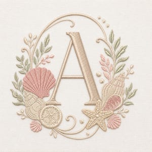 Puede incluir: Un diseño de bordado que presenta la letra A en hilo dorado metálico, rodeada por una corona de conchas, estrellas de mar y dólares de arena bordados en tonos rosa suave, verde apagado y oro, sobre un fondo de tela blanca.