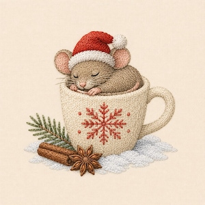 May include: An embroidery art piece featuring a brown mouse wearing a red and white Santa hat, sleeping inside a beige knit mug decorated with a red snowflake pattern. Beside the mug are a green pine sprig, cinnamon sticks, and a star anise.