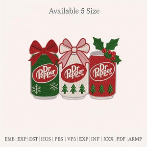 May include: Embroidered design of three Dr. Pepper soda cans with festive decorations. One can is green with snowflakes and a red bow, another is white with green trees and a pink bow, and the last is red with holly and berries.