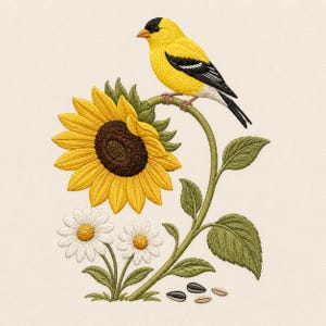 May include: An embroidery design featuring a bright yellow goldfinch with black and white wing markings perched on the stem of a large yellow sunflower. Below the sunflower are two white daisies with yellow centers and several scattered seeds.