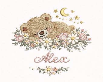 Sleeping Bear Embroidery Design with Name Alex, Cute Baby Bear Floral, Moon Stars Nursery, Personalized Machine Embroidery PES DST EXP