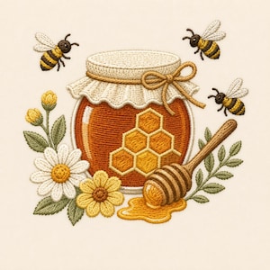 Könnte beinhalten: Ein Stickmotiv mit einem Glas voller bernsteinfarbenem Honig, das mit einer Stoffabdeckung und einer gebundenen Schnur versehen ist. Drei Bienen fliegen um das Glas, das mit einem Wabenmuster, weißen Gänseblümchen, gelben Blumen und einem Honiglöffel verziert ist.