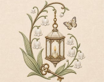 Snowdrop Lantern Embroidery Design, Vintage Floral Butterfly Decor, Botanical Cottagecore Machine Embroidery (Digital File)