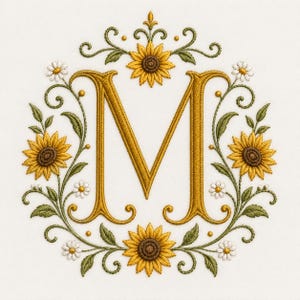 Peut inclure: Une lettre capitale M brodée en fil doré, entourée d'une couronne circulaire de tournesols jaunes, de petites marguerites blanches et de tiges feuillues vertes avec des vrilles, le tout cousu sur un tissu blanc cassé.
