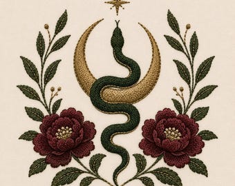 Puede incluir: Un diseño de bordado que presenta una serpiente verde oscuro enroscada alrededor de una luna creciente dorada, situada bajo una pequeña estrella dorada. El motivo central está flanqueado por dos flores rojo oscuro con centros dorados.