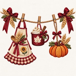 Fall Harvest Embroidery Design, Rustic Apron, Pumpkin, Wheat, Coffee Mug & Autumn Kitchen Decor (Digital Download)