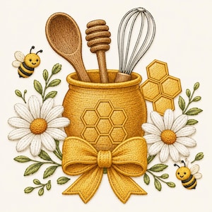 Bee keukengerei houder borduurontwerp, honingpot madeliefje bloemen koken decor machine borduurwerk bestand (digitale download)