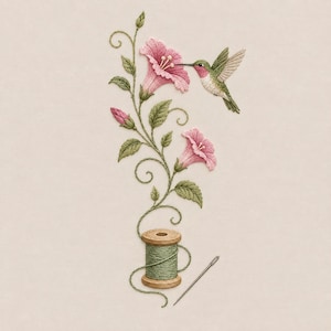 Puede incluir: Un diseño de bordado que muestra un colibrí verde cerca de una flor rosa. Una enredadera con hojas y brotes verdes desciende hacia un carrete de madera con hilo verde, acompañado por una aguja de coser plateada.