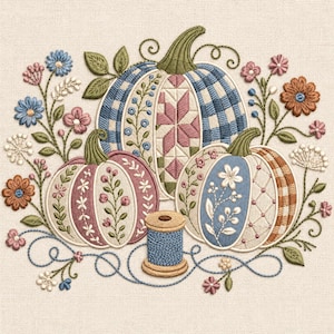 Puede incluir: Un diseño de bordado que presenta tres calabazas con patrones variados, incluyendo cuadros vichy azules, bloques de edredón rosas y motivos florales. Un carrete de hilo azul se sitúa en primer plano, rodeado de flores silvestres y hojas verdes.