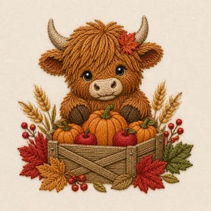 May include: A textured embroidery design featuring a fluffy brown Highland cow with curved horns, positioned behind a wooden crate filled with orange pumpkins, red apples, and wheat stalks, accented by colorful autumn leaves and red berries.
