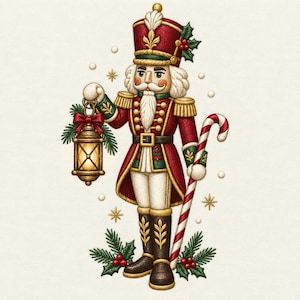 Può includere: Una figura di schiaccianoci che indossa un'uniforme rossa e oro con un cappello alto, barba bianca ed spalline. La figura tiene una lanterna accesa in una mano e un bastoncino di zucchero a strisce rosse e bianche nell'altra, tra agrifoglio.