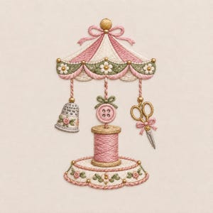 Desenho de bordado para máquina de costura estilo carrossel, arquivo de bordado com acessórios de costura vintage, download digital.