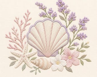 Diseño de bordado de playa con conchas marinas, archivo de bordado a máquina con diseño costero de conchas, estrellas de mar, lavanda y flores marinas (descarga digital).