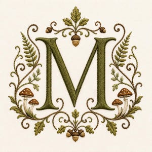 May include: An embroidered letter M in dark olive green, surrounded by a botanical frame featuring brown acorns, green oak leaves, and small brown and white mushrooms with detailed stitching on a plain off-white fabric background.