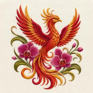 Puede incluir: Un intrincado diseño de bordado que presenta un fénix vibrante con plumaje rojo, naranja y amarillo, con las alas extendidas, rodeado por dos grandes orquídeas magenta y tallos de hojas verdes sobre un fondo de tela lisa y clara.