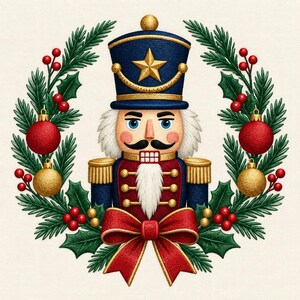 Può includere: Una figura di schiaccianoci che indossa un'uniforme blu con dettagli dorati e una stella, centrata all'interno di una ghirlanda circolare di rami di pino verdi, bacche di agrifoglio rosse e ornamenti rossi e dorati, con un grande fiocco rosso.