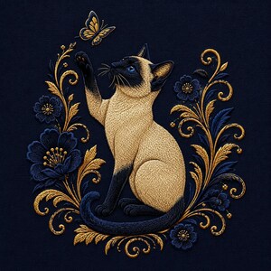Siamese Cat Butterfly Embroidery Design, Elegant Floral Botanical Vintage Cat Machine Embroidery File (Digital Download)