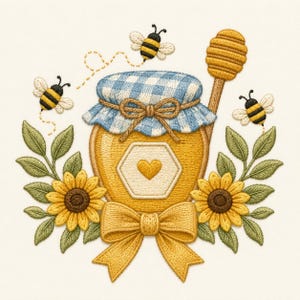 Pode incluir: Um design de bordado apresentando um pote de mel central com uma tampa xadrez azul e branca, um pegador de mel de madeira e um laço amarelo. O pote é cercado por três abelhas, dois girassóis com folhas verdes e um pequeno coração no rótulo.