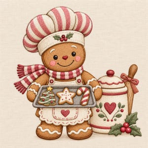Könnte beinhalten: Eine Lebkuchenfigur mit gestreifter Kochmütze und Schal hält ein Backblech mit einem Tannenbaum-, Stern- und Zuckerstangenkeks. Daneben steht ein Vorratsglas mit Herzmotiv und ein hölzernes Nudelholz mit einer roten Schleife.