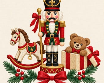 May include: An embroidered nutcracker figure in a red and green uniform stands centrally, flanked by a white rocking horse on the left and a brown teddy bear inside a gift box on the right, all accented by pine branches and a large red bow.