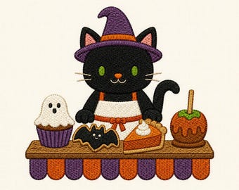 Black Cat Baker Embroidery Design, Cute Halloween Bakery Machine Embroidery File, Spooky Digital Download