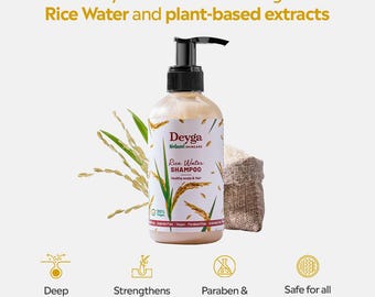 May include: A bottle of Deyga Natural Skincare Rice Water Shampoo with a black pump dispenser. The label features text and illustrations of rice stalks. The image also includes a small burlap sack and text that reads "Gentle yet effective cleansing with Rice Water and plant-based extracts."
