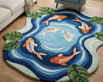 Koi Fish Pond Shaped Hand Tufted Rug | Artistic Water Pattern Rug with Floating Koi & Leaf Bordered Nature-Inspired Carpet for Home Decor
