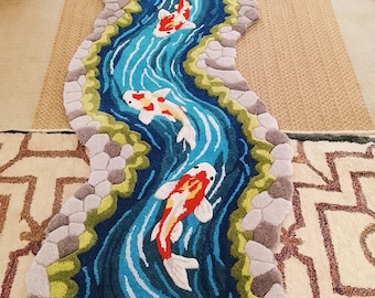 Koi Fish River Rug | 3D Hand Tufted Wool Carpet | Nature inspired Runner Rug, Hallway Decor