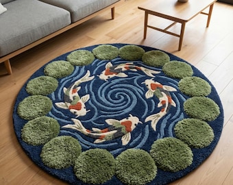 Handgetufteter runder Koi Fisch Teppich, Zen Natur Inspire Japanischer Teich Design Teppich | Rundteppich für modernes Wohnzimmer, Kinderzimmer und Kinderzimmer