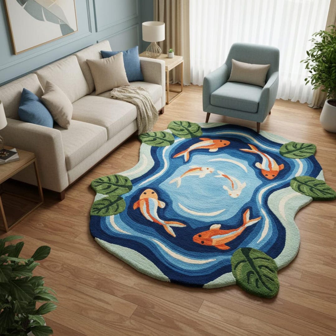 Koi Fish Pond Shaped Hand Tufted Rug | Artistic Water Pattern Rug With ...