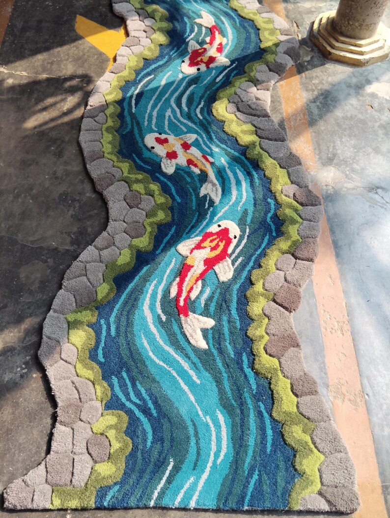 Red Koi Rug Koi Fish River Rug | 3D Hand Tufted Wool Carpet | Nature Inspired ...