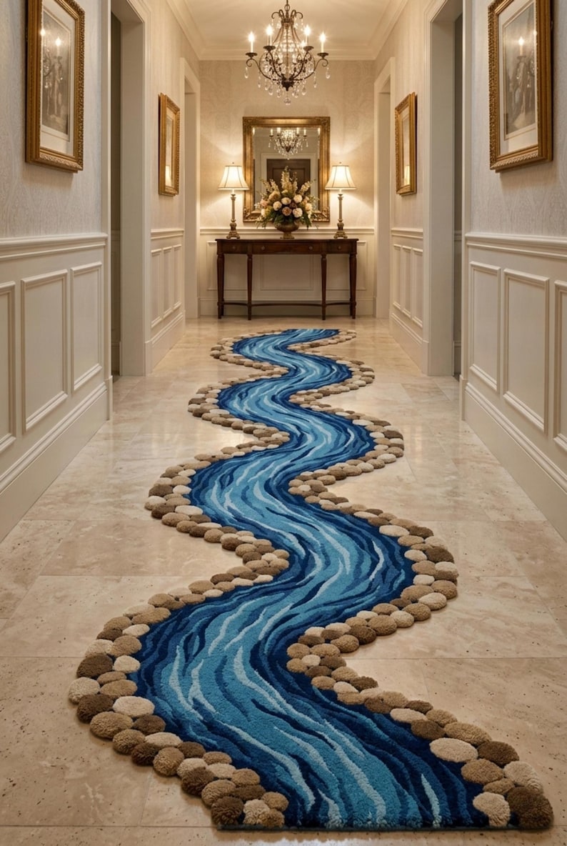 River Rug Custom River Nature Inspired Rug | Embossed Hand Tufted Wool Carpet | Wavy ...