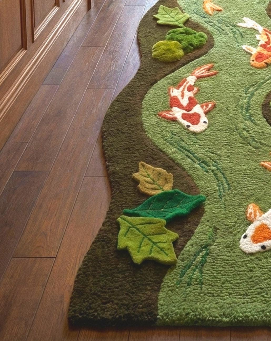 Hand Tufted Koi Fish River Runner Rug, Sculpted Organic Shape Wool ...