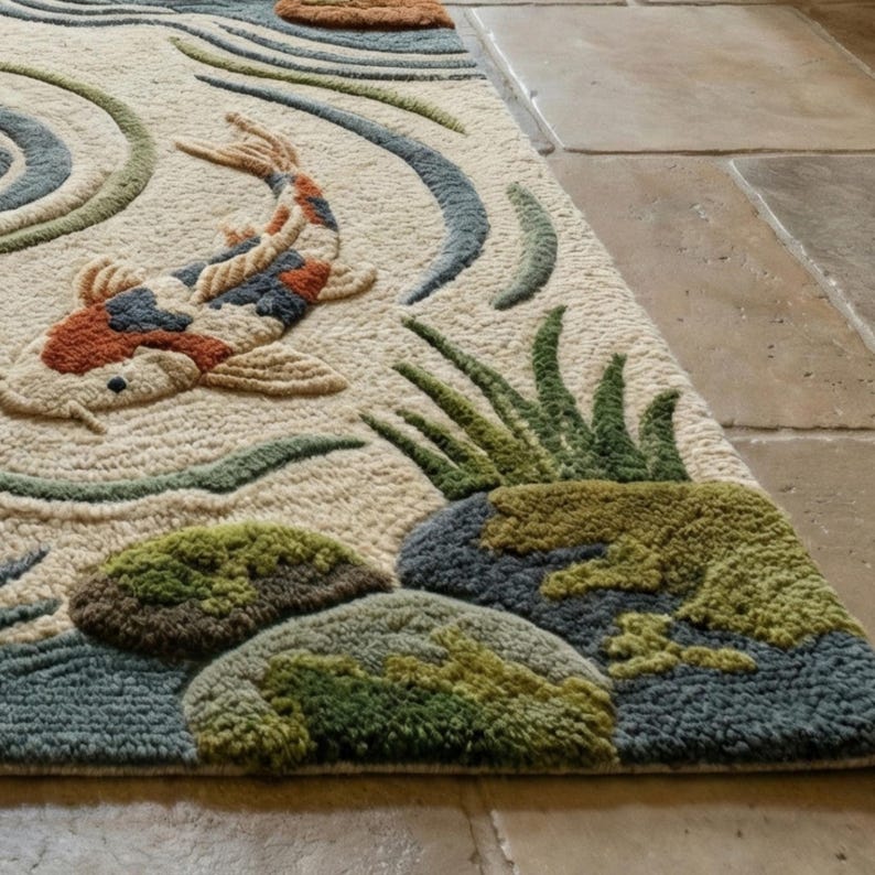 Koi Fish Garden Runner Rug With Pebbles, Long Entryway Carpet, Nature ...