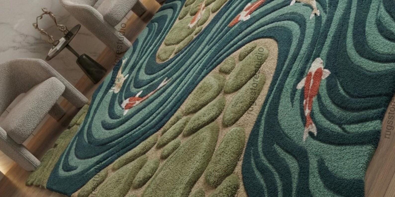 River Rug Custom River Flow Koi Fish Hand-tufted Rug Textured Nature-inspired Moss Green ...