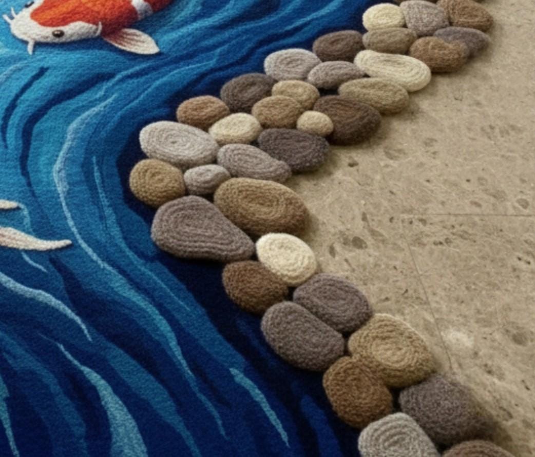 Koi Fish River Nature Inspired Rug | Embossed Hand Tufted Wool Carpet ...