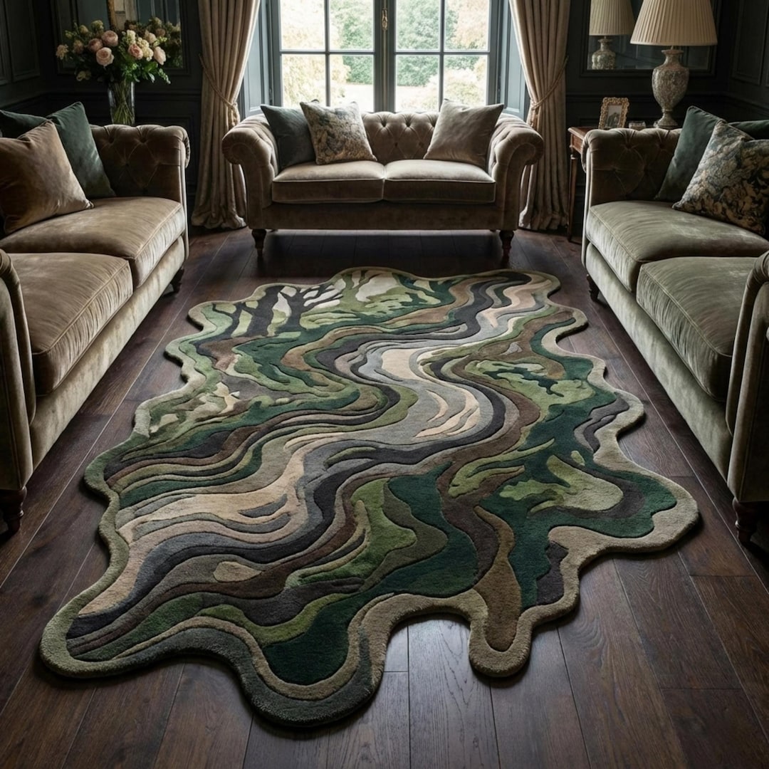 Abstract Moss Green Hand Tufted Wool Rug, Organic Shape Rug, Forest ...